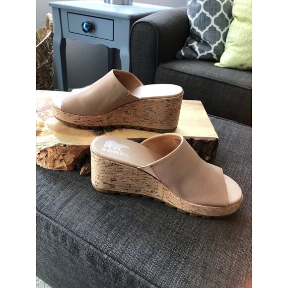 Sorel Cameron Cork Wedge Slip on Sandals Tan Beige Size 8 - Picture 2 of 8